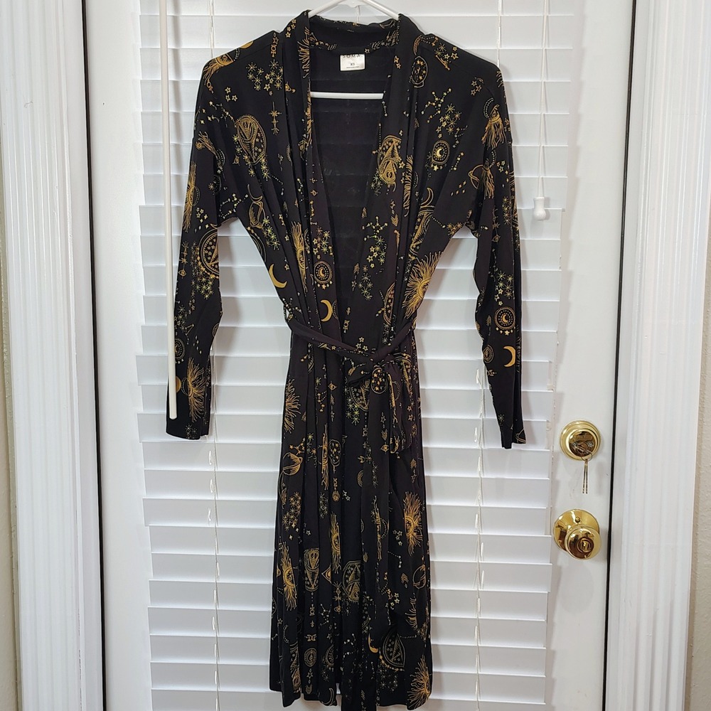 Soma Robe Womens XS Black Gold Celestial Sun Moon Astrology Whimsigoth Wrap Belt
